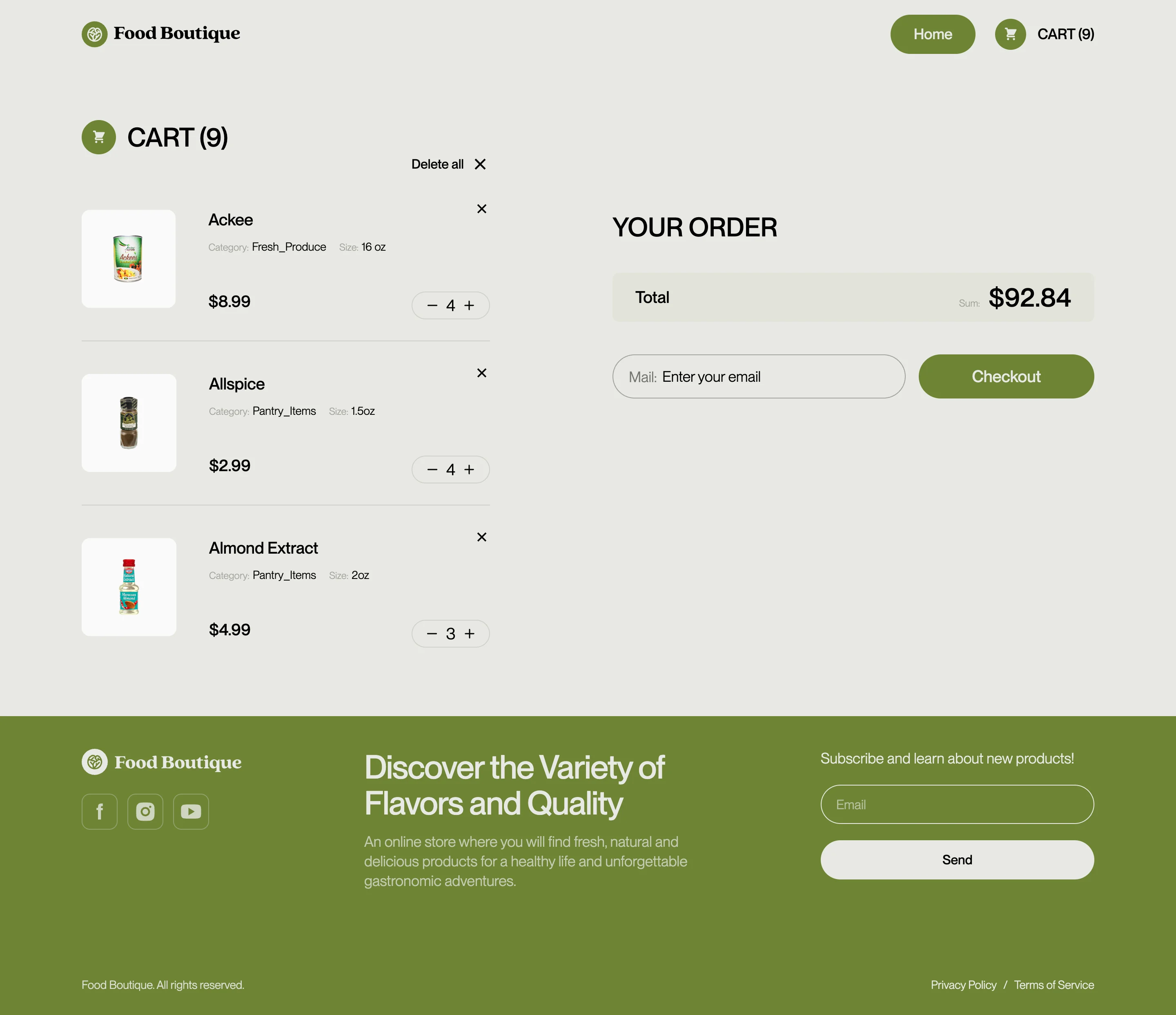 The cart page, lit above the footer, with the item rows and order panel annotated.