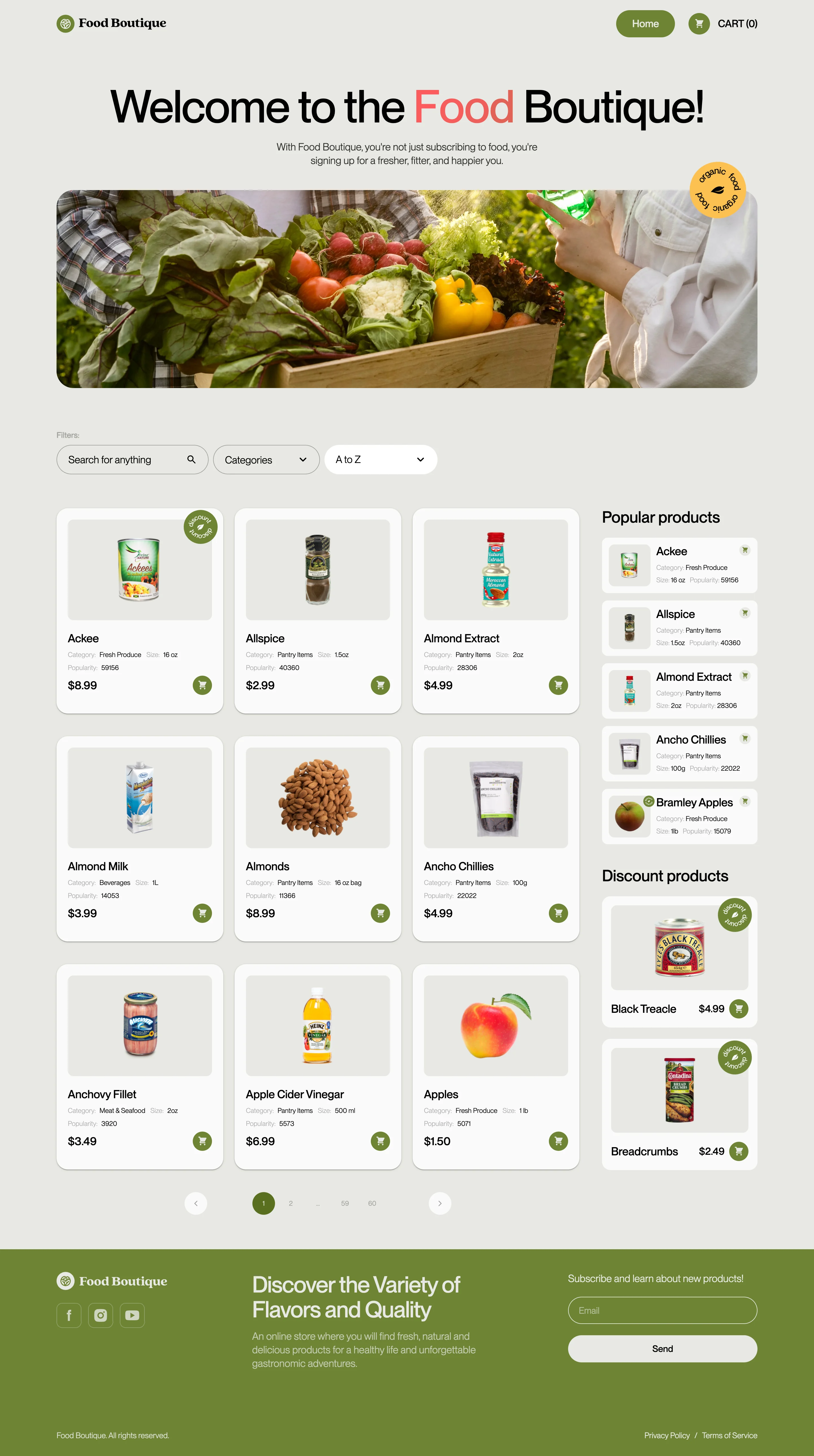 The product catalogue page, with the heading and hero image lit and the rest of the page dimmed.